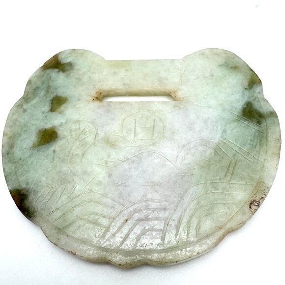 Antique Qing Hand-Carved Plaque Green Jade Traditional Chinese Motif Double Side - Picture 2 of 11